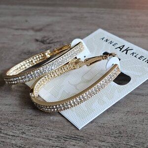 NWT Anne Klein Gold Tone Pave Crystal Oval Hoop Earrings 1.75"
